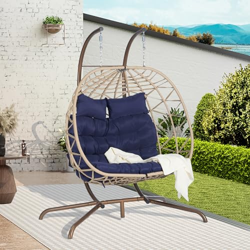 KEIKI Double Swing Egg Chair with Stand, Patio Rattan Wicker Hammock Egg Chair with UV Cushion, 2 Person Outdoor Indoor Hanging Basket Chair, 600LBS Capacity for Balcony, Dark Blue and Khaki