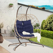 KEIKI Double Swing Egg Chair with Stand, Patio Rattan Wicker Hammock Egg Chair with UV Cushion, 2 Person Outdoor Indoor Hanging Basket Chair, 600LBS Capacity for Balcony, Dark Blue and Khaki