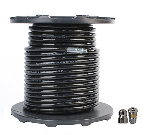 Schieffer Co. 3/8in. x 250ft. 4000 PSI Thermoplastic Sewer Jetter Hose with 8.0 Orifice Button Nose and Rotating Nozzles Clear
