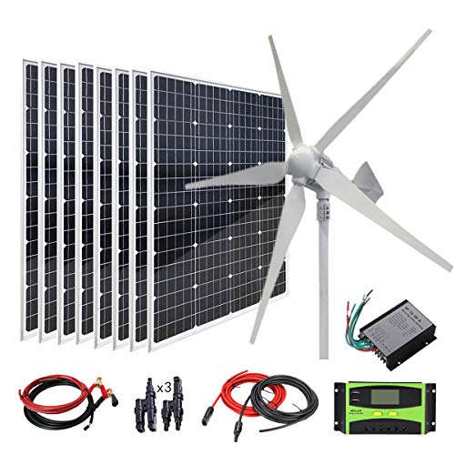 AUECOOR 1760 Watts 24V Solar Wind Hybrid System for Home Off Grid System: 8 x 120W Mono Solar Panel + 800W Wind Turbine + Accessories