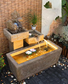 Stone Tiered Water Fountain with Basin and Natural Rock Accents – Outdoor Zen Water Feature for Garden or Patio(B 2)