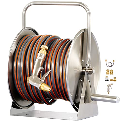 Garden hose reels Hose Reels,Washer Reel, Outside Heavy Duty Hose Reel Cart Set, Household Stainless Steel Hosemobile, Sturdy Gardening Pipe Storage Rack, for Outside Garden Yard(Hose Reel+15m Pipe)