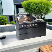 Deluxe Stainless Steel Propane Gas Grill, Outdoor BBQ Grill with Side Burner & Rotisserie Kit, Multi-Burner Cooking Kitchen Islands with Granite Countertops for Backyard Patio Entertaining