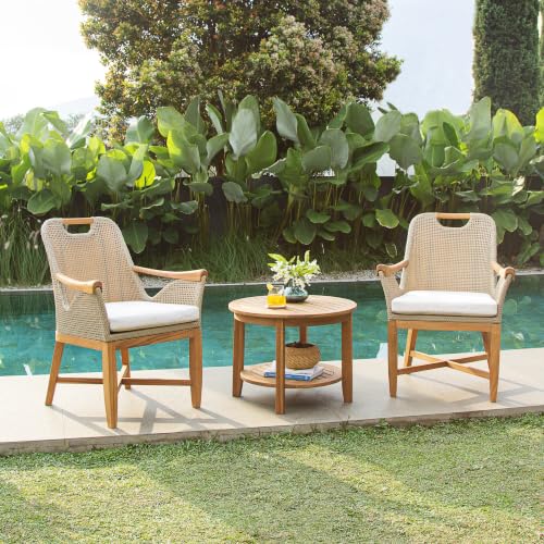 Cambridge Casual Sydney 3-Piece Teak Wood Outdoor Patio Bistro Chat Set, Side Table and 2 Patio Chairs for Garden, Balcony, Backyard and Poolside, Light Tan Cushion with Honey Twist Wicker