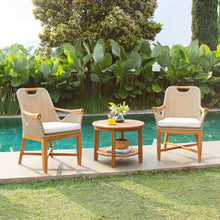 Cambridge Casual Sydney 3-Piece Teak Wood Outdoor Patio Bistro Chat Set, Side Table and 2 Patio Chairs for Garden, Balcony, Backyard and Poolside, Light Tan Cushion with Honey Twist Wicker