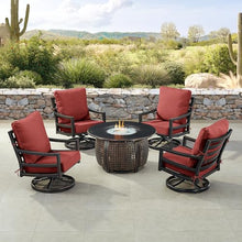 Oakland Living Black Aluminum Patio Fire Table Set with Four Club Chairs and Red Cushions