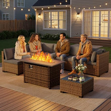 Qsun 8 Pieces Outdoor Patio Furniture Set with 44.9" Fire Pit Table, All-Weather Wicker Outdoor Patio Sectional Set with Coffee Table, for Garden Backyard