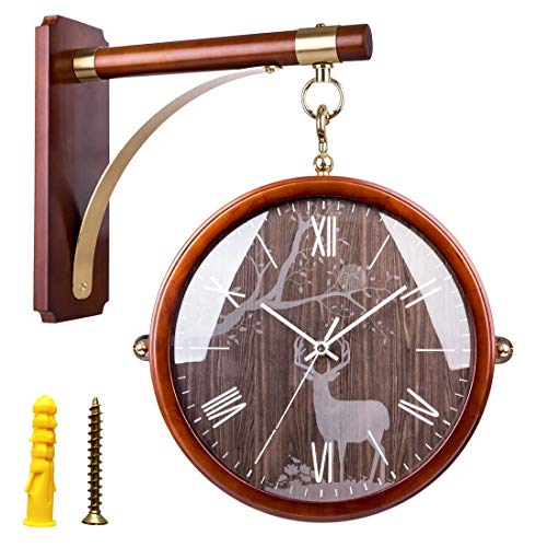 ERTTGWGF Home use Vintage Wooden Double Sided Bracket Mounted Silent Outdoor Indoor Station Clock for Garden Home White Clock Dial