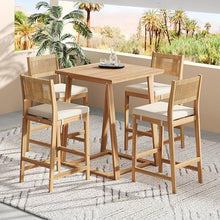 Christopher Knight Home Barron 5-Piece Acacia Wood Patio Bar Set, Patio Bar Table and Stools Set, Soft Seat Cushions, Rattan/Wicker Dining Set for Garden, Backyard, Poolside, Balcony, Teak + Beige