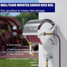 Stainless Steel Water Hose Reel with Garden Hose, Hand Crank Retractable Hose Reel Swivel Bracket Hose Storage Holder, Wall/Floor Mount Hose Rack with Gun and Hose Connector( 15M Water Pipe Reel Set)