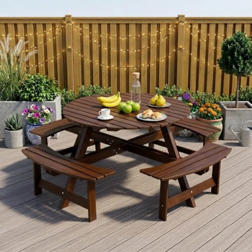CKEASEAN 8 Person Wooden Picnic Table, Outdoor Round Picnic Table with 4 Built-in Benches, Umbrella Hole, Outside Table and Bench Set for Patio, Backyard, 500lbs Capacity Per Bench (Brown - 8Person)