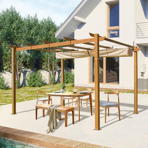 Domi 9’x13' Outdoor Retractable Pergola Against The Wall with Sun Shade Canopy, Pergolas and Gazebos Clearance, Patio Metal Canopy for Deck, Garden, Backyard(Wood-Looking)