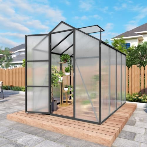 Walk-in Polycarbonate Greenhouse with Aluminum Frame and Double-Door Gate for Growing Flowers, Herbs, Plants, Outdoor Plant Tent with Drainage Gutter System for Backyard, Lawn (6x8FT+Black)