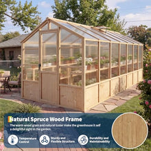 Heavy Duty Walk-in Wooden Greenhouse Kit, 4mm Polycarbonate Panels Green House with Adjustable Vents and Lockable Door, Wood Frame Plant House for Outdoor Garden Backyard Patio Lawn (8X14FT)