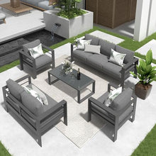 Solaste 5-Piece Aluminum Patio Furniture Set Modern Outdoor Sectional Sofa with Cushions and Glass Table Grey