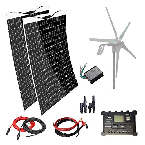 AUECOOR 2pcs 120W Mono Flexible Solar Panel + 400W 12V Wind Turbine + 20A Controller PV Connector 600W(640W) Hybrid System Kit for Home RV Caravan Boat and Other Battery Charger