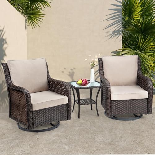 Gaderth 3 Pieces Patio Furniture Set, Outdoor Swivel Wicker Glider Patio Chairs with Table Set, 360° Rocking Chair, Thickened Cushions, for Porch, Deck, Balcony