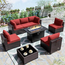HTERWQEA 8 Piece Outdoor Patio Furniture Set, PE Wicker Sectional Conversation Sofa with Light Cushions, Glass Coffee Table and Gas Fire Pit, Backyard, Porch, Garden, Poolside, Balcony