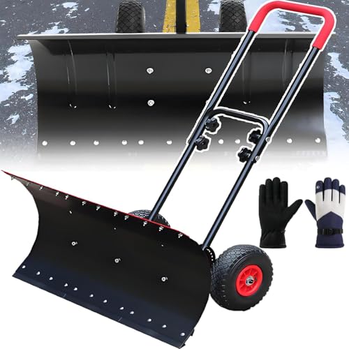 DPQYJPP Snow Pusher with ice Shovel Teeth, Large Capacity Snow Shovel, Snow plow with Wheels and Handle, Adjustable Angle and Height, for Driveway Garden Paving,74 * 42cm
