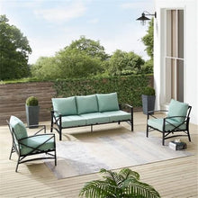 Afuera Living 3-Piece Outdoor Sofa Set, Mist Green Polyester Cushions, Bronze Steel Frame, Weatherproof Patio Furniture, Seats 5, Sofa and 2 Chairs, Removable Cushion Covers, Transitional Style