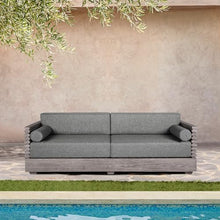Armen Living Vivid Outdoor Patio Sofa in Gray Eucalyptus Wood with Gray Olefin Cushions