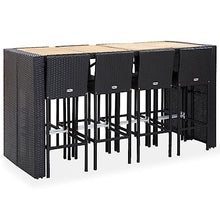 Todiikf 8-Piece Outdoor Bar Set Black Rattan with Acacia Wood Top 78.7"x31.5" Modern Patio Dining Furniture Set for Garden Backyard Porch