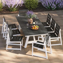 Costaelm Rectangle Patio Table, 8-Person Backyard Table 90" HDPE Dining Table with Umbrella Hole and Metal Frame for Outside, Garden, Poolside, Deck, Porch, Balcony, Gray