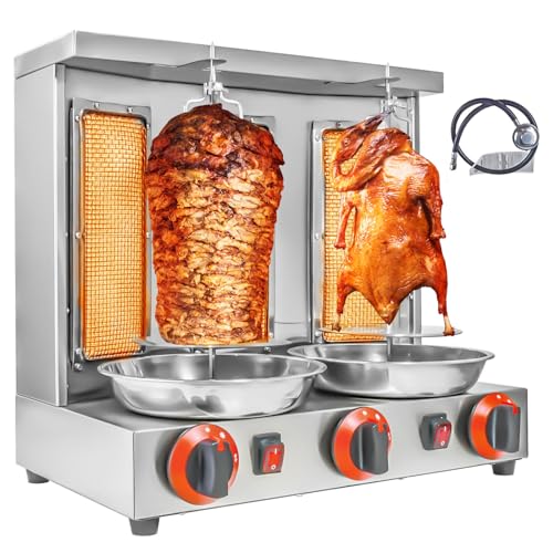 XGN Shawarma Machine 3 Burners Kebab Grill Vertical Rotisserie with 2 Auto Spinning spits for Meat Rotisserie, Chicken Roast, Silver