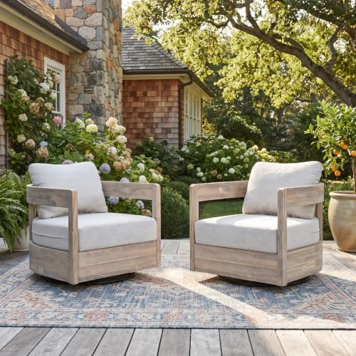 Christopher Knight Home Telluride Outdoor Acacia Wood Swivel Club Chair Set of 2 with Removable Cushion, 360° Rotating Patio Armchair for Garden, Balcony, or Poolside Seating, Beige+Light White