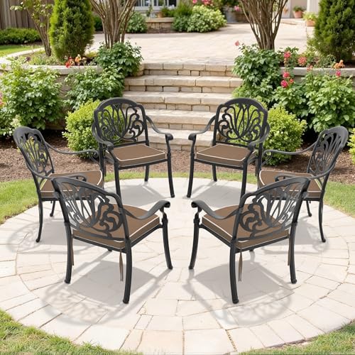 OROTLECT Set of 6 Cast Aluminum Patio Dining Chairs, Outdoor Arm Chairs with Removable Brown Cushion, Classic Scroll Hollow Back Metal Chairs for Garden Backyard Deck Porch Bistro