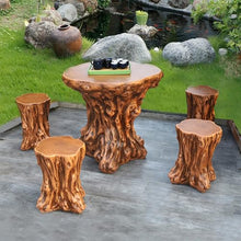 LLZJDDPLY Faux Wood Tree Stump Patio Table Set, Fiberglass Composite Weatherproof Outdoor Table & Stools, 2/3/4-Seat Options, Rustic Garden Coffee Table for Backyard Balcony(1 Table+4 Chairs)