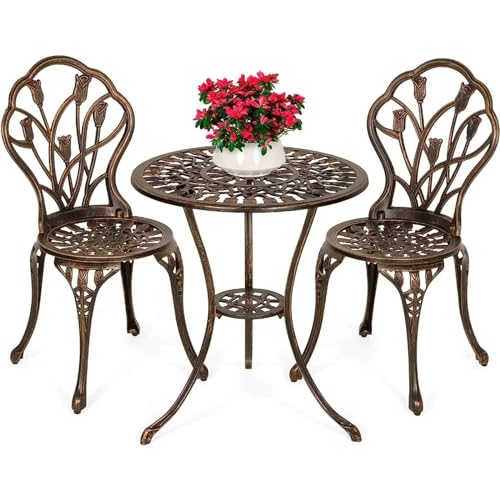 DUYHBAWRS Outdoor Cast Aluminum Patio Bistro Set W Design Antique Finish Copper Outdoor Furniture Set