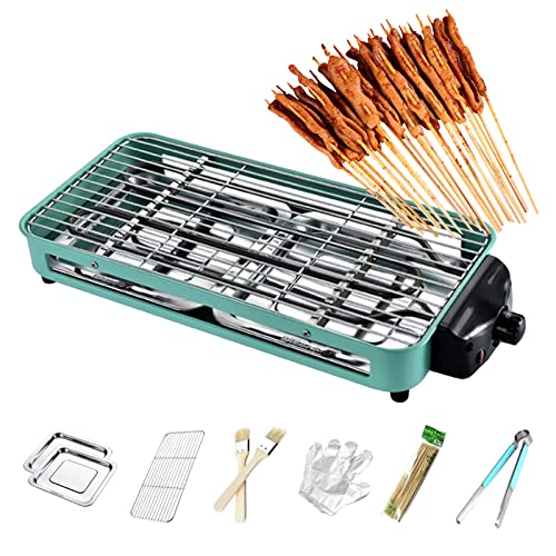Smokeless Table Grill, Electric BBQ Grill 1500 W for Indoor Outdoor Use, Electric Table Top Griddle, Non-Stick Coating Grill Surface 42.5x20.5 cm, Removable Grease Tray, for Festival Party,Green