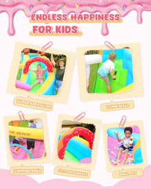 Doctor Dolphin Inflatable Bounce House Ice Cream Doughnut Party with Blower, Slide & Ball Pool Pink and Yellow
