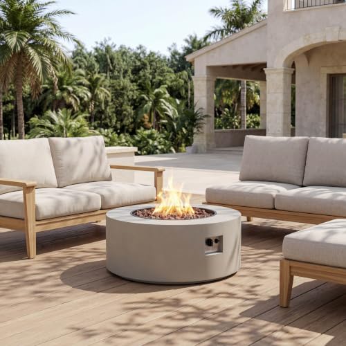 Merax 32 Inches 40,000 BTU Round Iron Propane Fire Pit, Light Grey