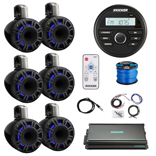 KICKER Marine Bluetooth AM/FM Stereo Receiver with 6-Channel Amplifier & 6X8 500W Max LED Tower Speakers Black