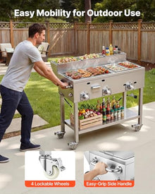 VEVOR Outdoor Propane Griddle, 3 Burners (11,600 BTU Each), Commercial Stainless Steel Griddle with Two 1/3 Size Food Warming Pans, Portable Cart with 4 Lockable Wheels, for Hot Dogs, Burgers & Meats
