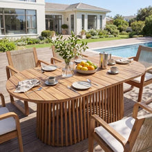 Christopher Knight Home Hizto Oval Outdoor Dining Table, Tapered Vertical Slatted Single Base, Slatted Design Acacia Wood Patio Dining Table, Solid Wood Outdoor Table for Garden Backyard, Light Teak