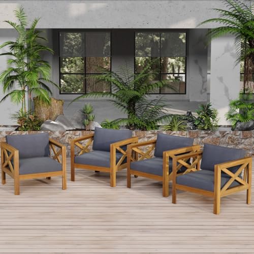 Hassyee Patio Bistro Set with Coffee Table for Living Room, Dining Room, Outdoor Wood Armchairs and Table Set with Removable Cushions for Balcony, Poolside, Garden, Lawn (Dark Grey 4 Chairs)