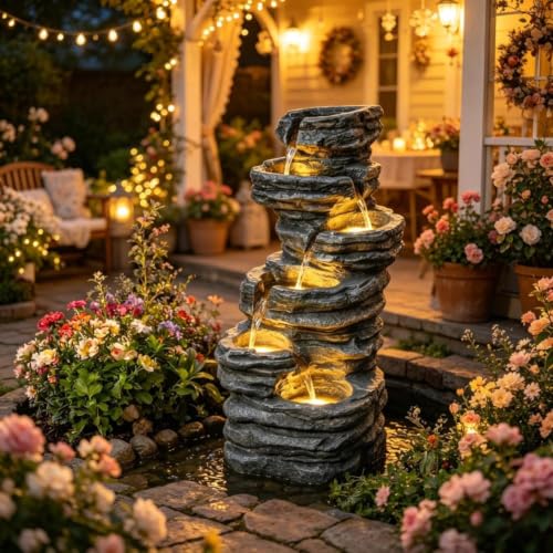 40" Outdoor Waterfall Fountain, 4-Tier Cascading Waterfall with Built-in Warm LED Lights and Quiet Pump, Freestanding Resin Water Fountain, Suitable for Lawn, Backyard, Porch, Balcony