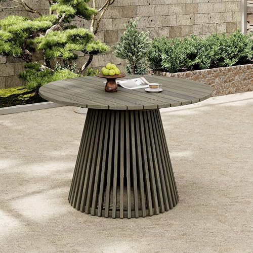 GDFStudio 47.25" Outdoor Round Dining Table,Weather-Resistant Acacia Wood Patio Center Table for Backyard, Lawn, Garden, Balcony, Courtyard, Easy Assembly Rustic Slatted Base Tables, 29.75" H Gray