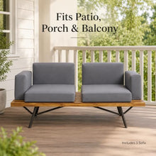 OYEFIT Acacia Wood Patio Loveseat with Gray Cushions and Metal Legs