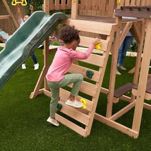 KidKraft Lawnmeadow Wooden Swing Set with Swings, Slide, Sandbox, Telescope, Rock Wall, Monkey Bars Brown