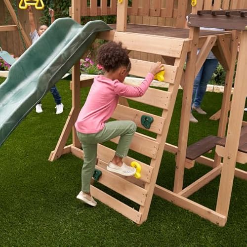 KidKraft Lawnmeadow Wooden Swing Set with Swings, Slide, Sandbox, Telescope, Rock Wall, Monkey Bars Brown