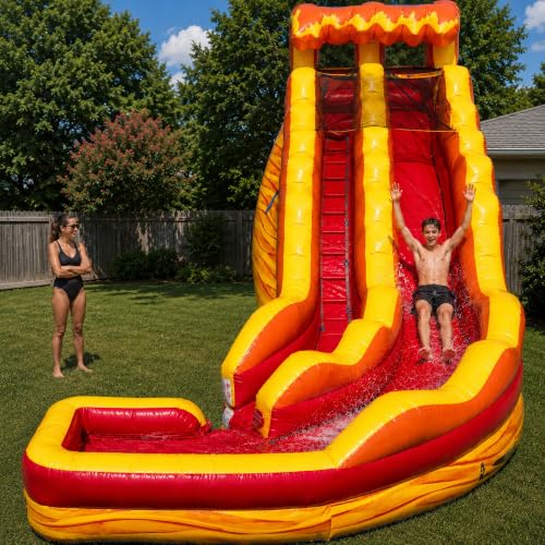 TentandTable 17FT Inflatable Curved Water Slide & Blower, Lava Wave