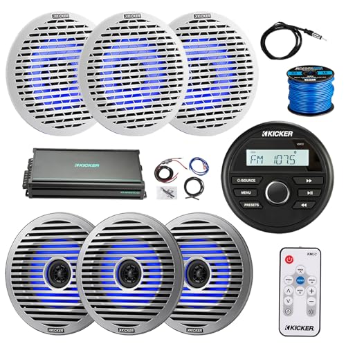 KICKER Marine Gauge Style USB Bluetooth AM/FM Receiver with 6-Channel Amplifier & 6X 6.5" Multicolor LED Boat Speakers