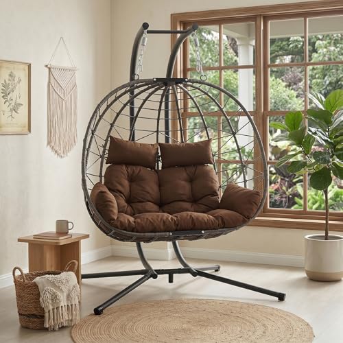 Double Hanging Egg Chair with Stand, 2-Person Large Patio Hammock Swing Chair with Thick Brown Cushions and Headrest Pillows, All-Weather PE Rattan Loveseat for Indoor Outdoor Balcony and Garden