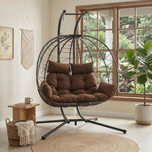 Double Hanging Egg Chair with Stand, 2-Person Large Patio Hammock Swing Chair with Thick Brown Cushions and Headrest Pillows, All-Weather PE Rattan Loveseat for Indoor Outdoor Balcony and Garden