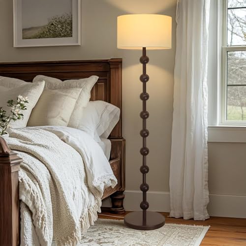 French Vintage Country Floor Lamp, Modern Dimmable Floor Light, Walnut Color Wood Ribbon with 9 Round Sphere and Linen Lampshades, for Living Room Bedroom Study Corner