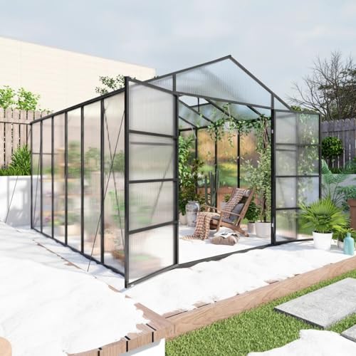 Trygoal 10x12 FT Greenhouse, Walk-in Heavy Duty Polycarbonate Outdoor Greenhouses with Raised Base & Anchor, Height-Enhanced Aluminum Frame & Drainage System for Backyard All Season Growing, Black